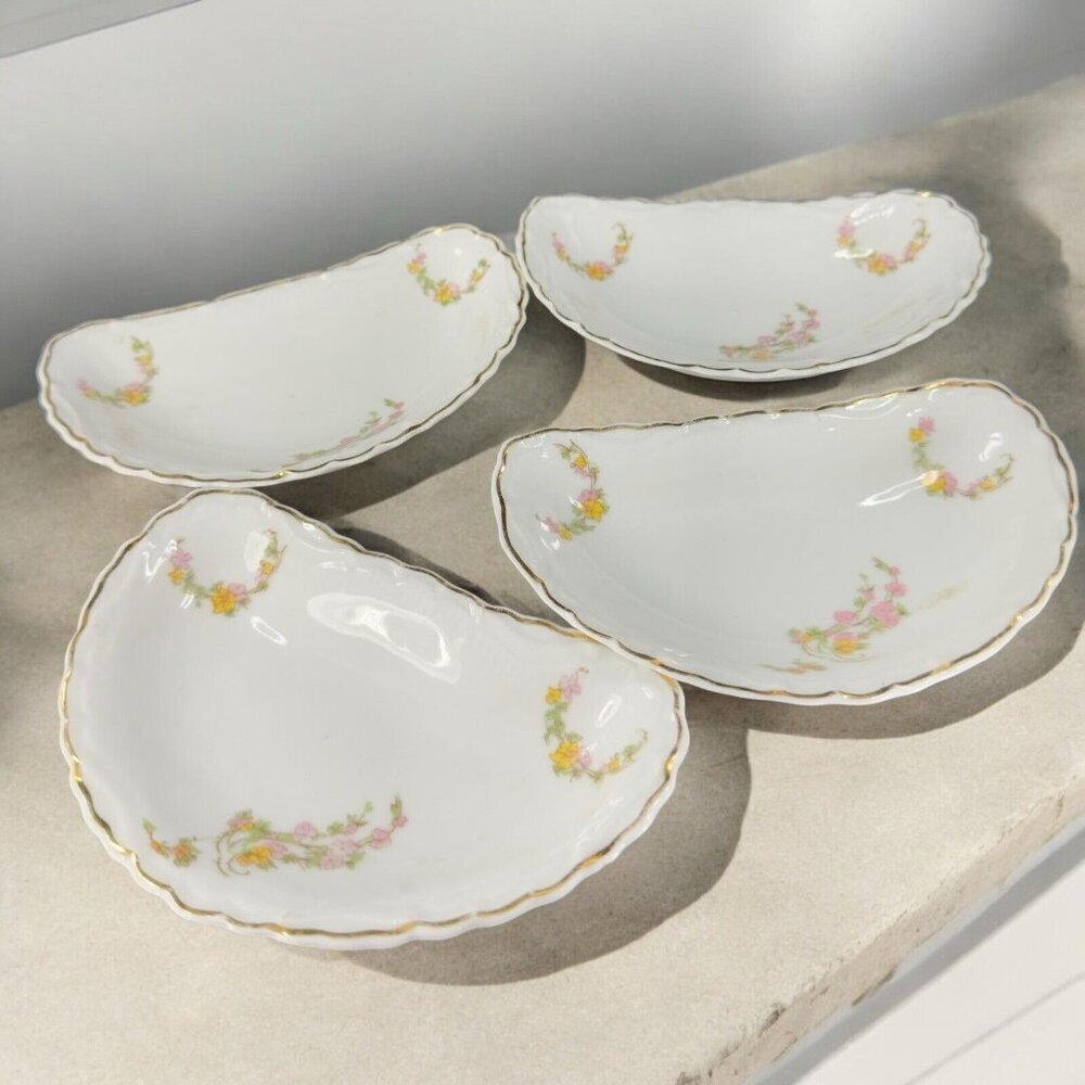 Antique TK Vienna Austria Crescent Bone Dish Bowl Set 4 Hand Painted Porcelain